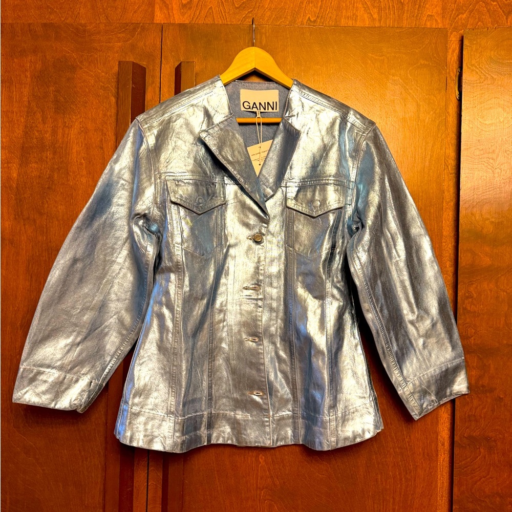 Ganni Foiled Metallic Light Denim Blue Fitted Jacket NWT 40 8 10 $525